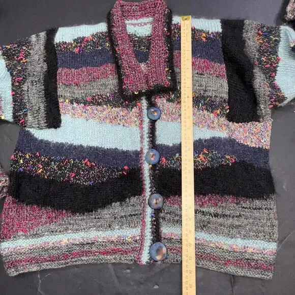 Anthropologie Rare Patchwork Hand Made Clay Button Striped Cardigan Free Size - Picture 8 of 15